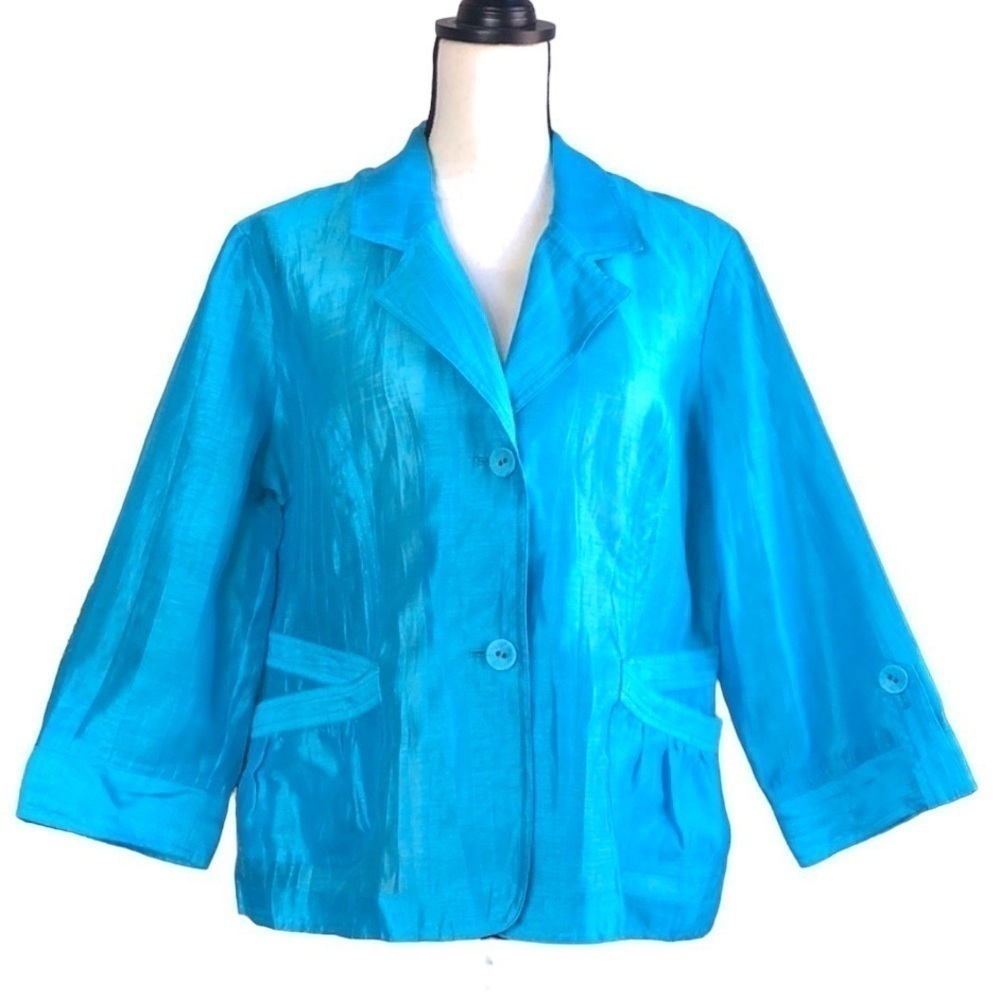 Chico’s linen blend blazer jacket sheer blue turquoise 2 womens large